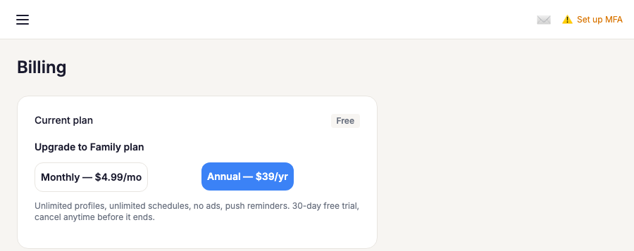 Billing page showing plan and upgrade options