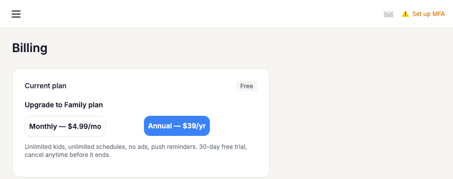 Billing page showing plan and upgrade options