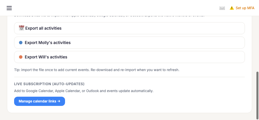 Calendar export and live sync links on the Subscriptions page