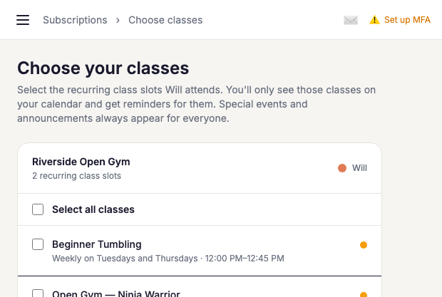 Choose Your Classes Checklist With Class Slots And A Save My Classes Button