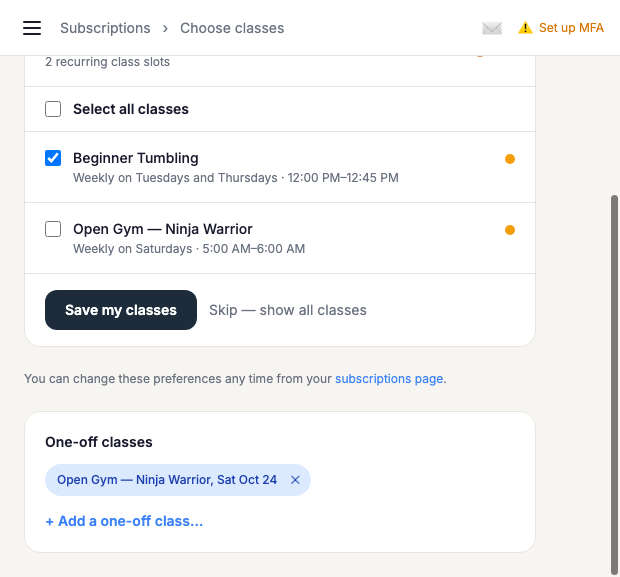 Choose Your Classes Page With A One-off Class Chip And Add A One-off Class Button