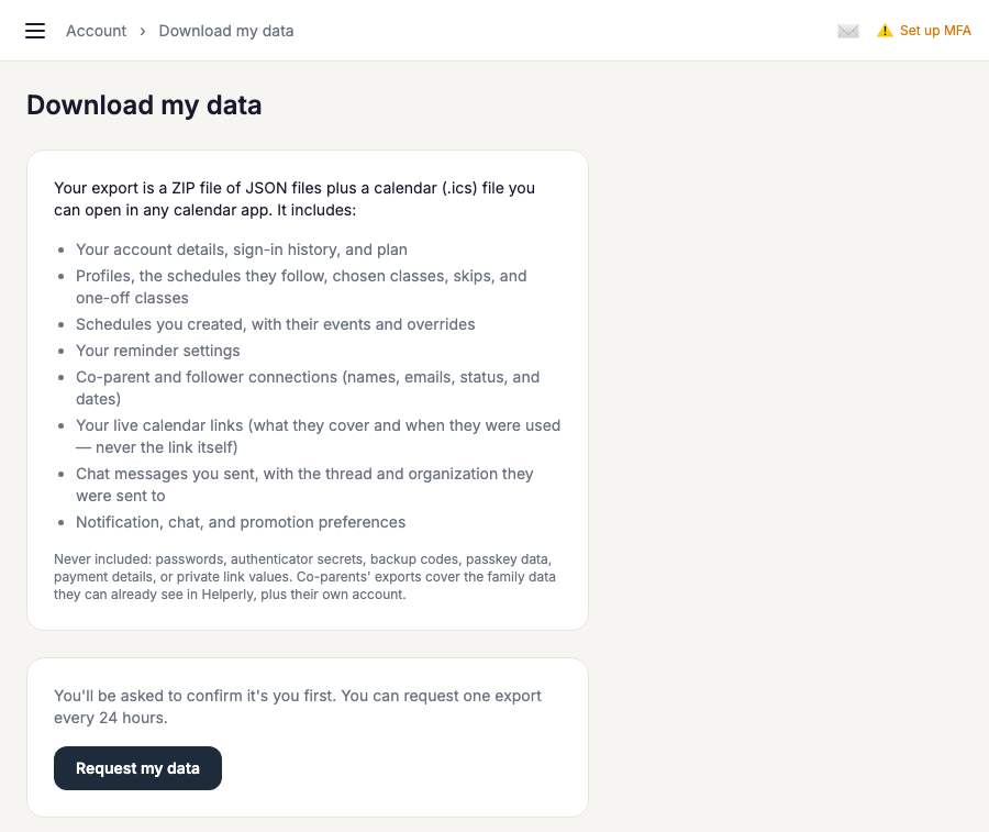 The Download my data page, with a Request my data button