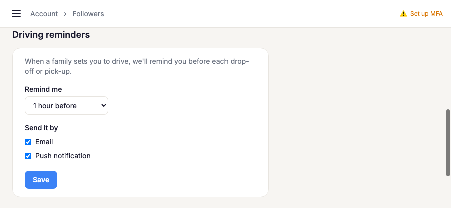 The Driving reminders settings, with a reminder time and email and push choices
