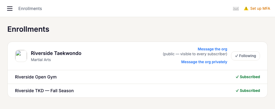 Message the org and Message the org privately links on the Following page