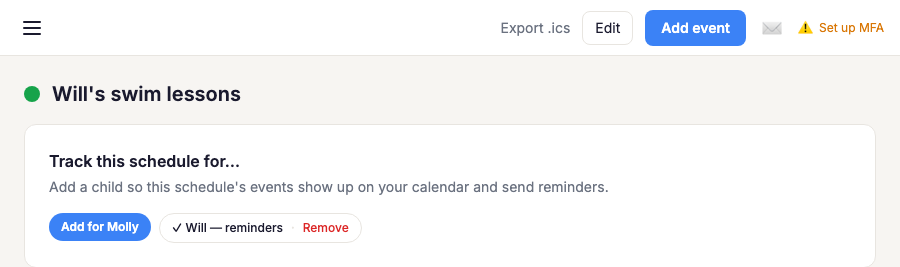 Track This Schedule For Section, With A Remove Link Next To A Subscribed Kid