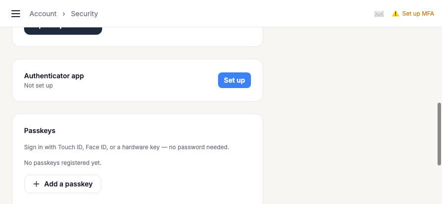 Passkey and authenticator app setup on the Security page