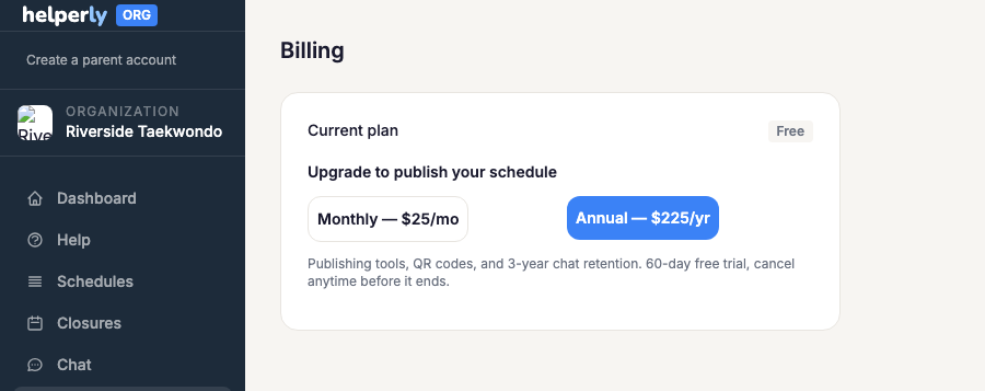 Org billing page showing the $25/mo plan