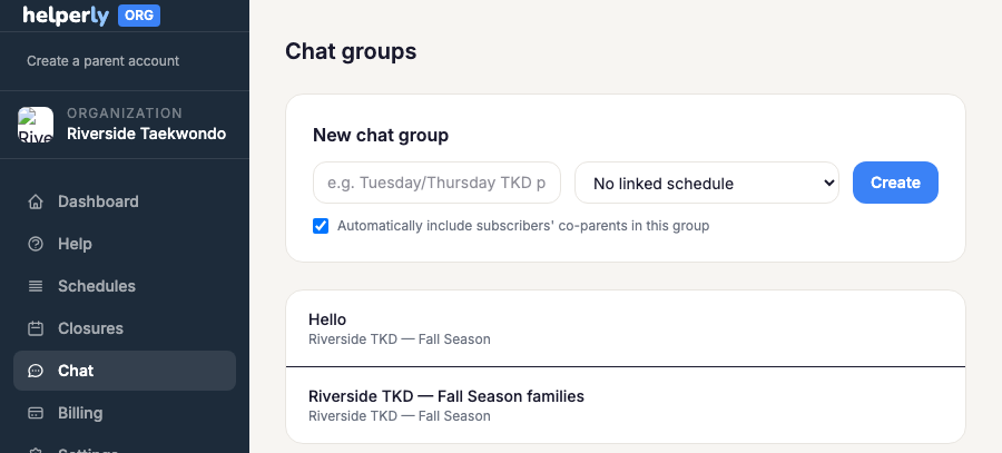 Chat groups list in Org Admin