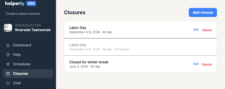 Closures list in Org Admin