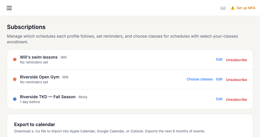 Subscriptions Page With A Choose Classes Link Next To A Selective Schedule