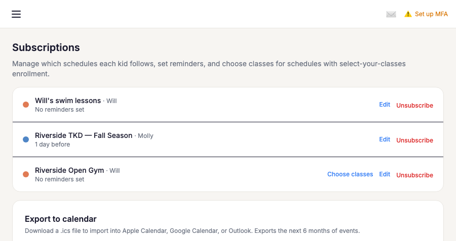 Subscriptions Page With A Choose Classes Link Next To A Selective Schedule