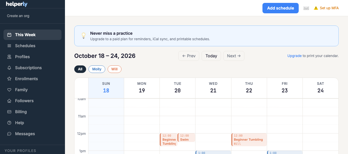 Helperly week calendar showing a family's activities