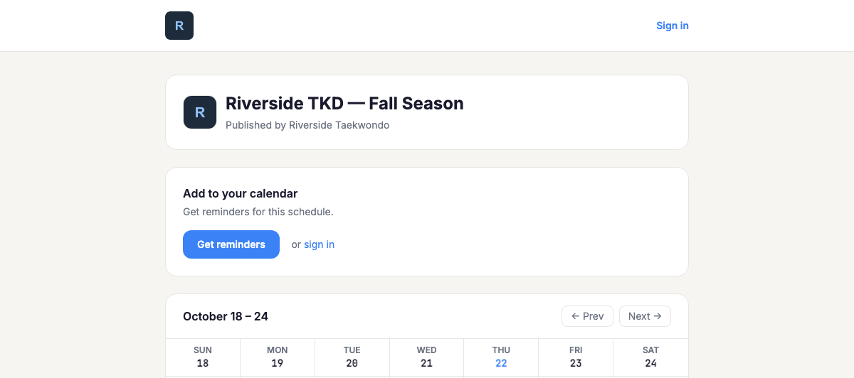A Business Pro public schedule page showing the studio's logo instead of Helperly's